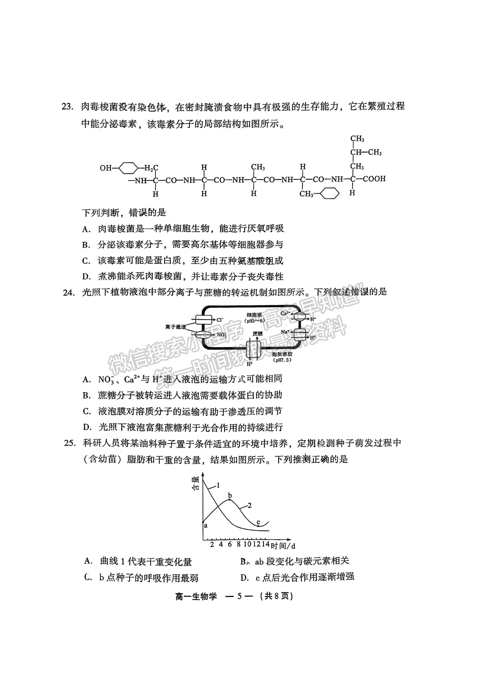 2025年福州高一质检生物试卷及参考答案